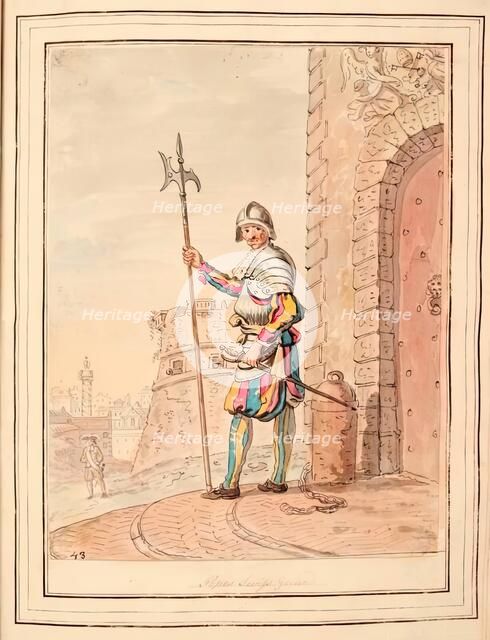 Pope's Swiss Guard, leaf from 'A Collection of Dresses by David Allan Mostly from Nature', 1776. Creator: David Allan.