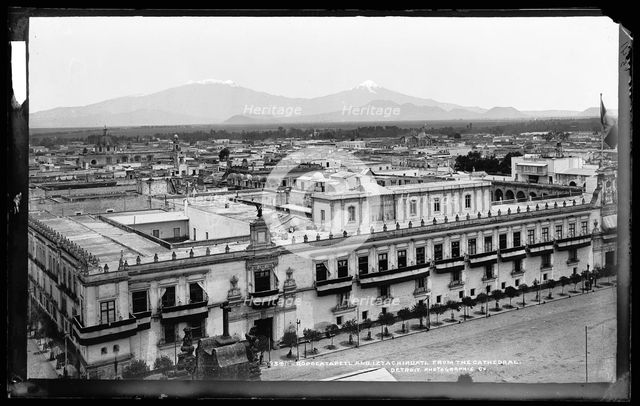 Popocatapetl [sic] and Iztachihuatl [sic] from the cathedral, between 1880 and 1897. Creator: William H. Jackson.
