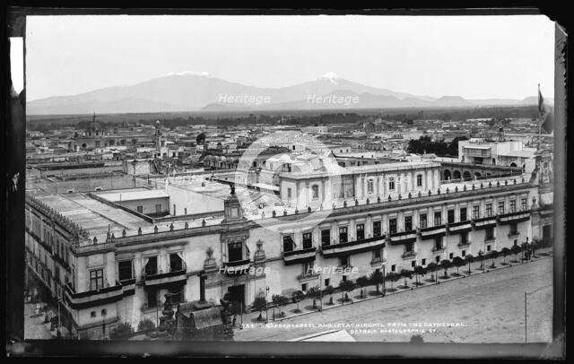 Popocatapetl [sic] and Iztachihuatl [sic] from the cathedral, between 1880 and 1897. Creator: William H. Jackson.