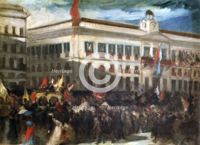 Popular demonstration in Madrid in Puerta del Sol during the revolution of 1868.