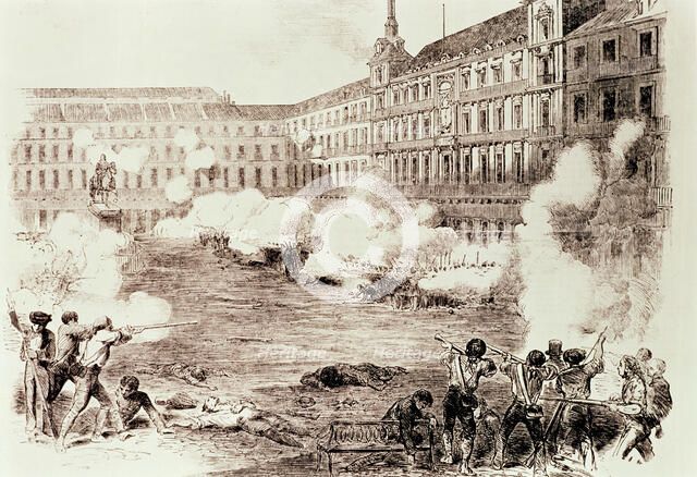 Popular disorders in Madrid, skirmish in the Plaza Mayor between two companies of infantry and a …