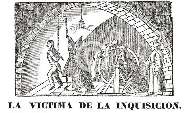 Popular engraving showing a scene of the Inquisition with various torture devices, etching, 1850.