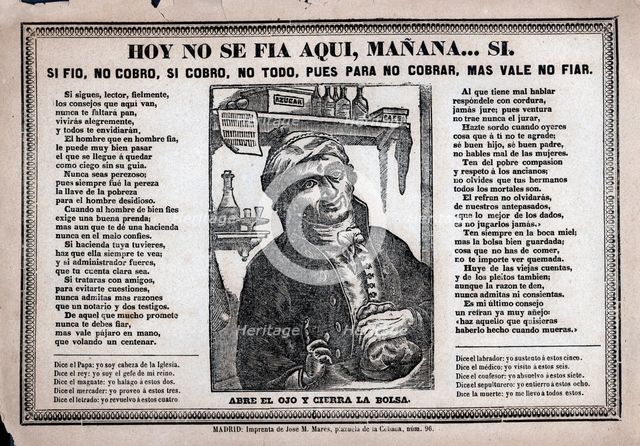 Popular engraving with the slogan 'Hoy no se fía aquí, mañana… Sí' (We don't lend on credit today…