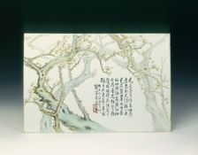 Porcelain plaque with prunus, China, 1934. Creator: Unknown