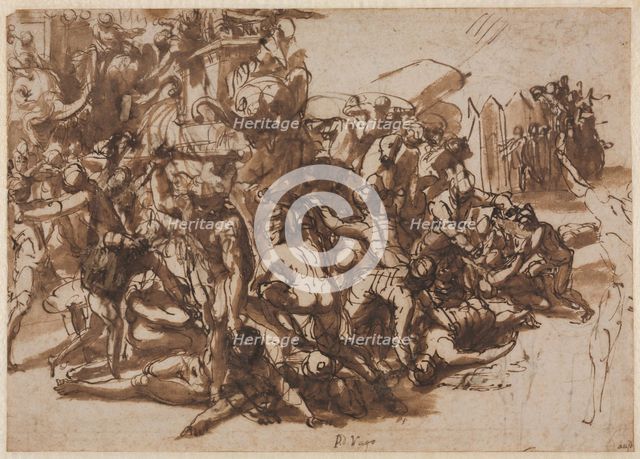 Poros Assailed by the Macedonian Army (recto); Sketches of Animals (verso), c. 1545/47. Creator: Perino del Vaga (Italian, 1500/01-1547).