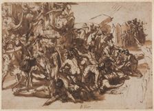 Poros Assailed by the Macedonian Army (recto); Sketches of Animals (verso), c. 1545/47. Creator: Perino del Vaga (Italian, 1500/01-1547)
