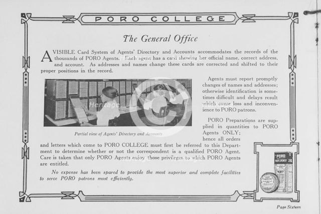 Poro College; The general office; Partial view of agents' directory and accounts, 1922. Creator: Unknown.