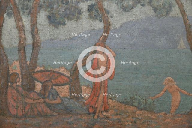 Porquerolles, l'Alycastre. Young women with a parasol under the pines. Creator: Auburtin, Jean Francis (1866-1930).