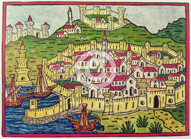 Port and city of Naples in 1482, engraving in the book 'Cosmographia Universalis'.