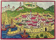 Port and city of Naples in 1482, engraving in the book Cosmographia Universalis