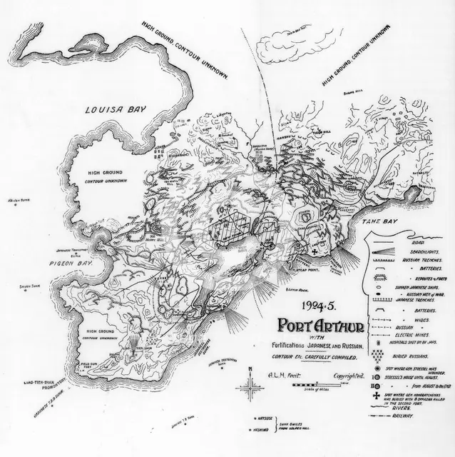 Port Arthur, Manchuria, showing Japanese and Russian fortifications, Russo-Japanese War, 1905. Artist: Unknown