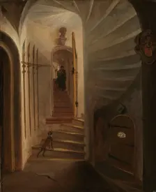 Portal of a stairway tower, with a man descending the stairs: presumably the moment..., 1640-1664. Creator: Egbert van der Poel