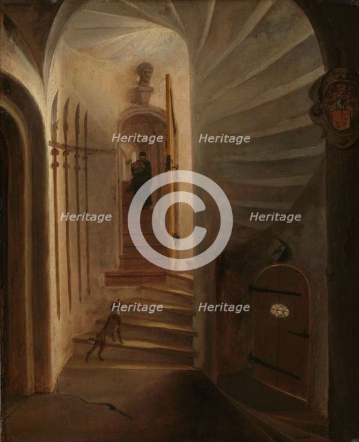 Portal of a stairway tower, with a man descending the stairs: presumably the moment..., 1640-1664. Creator: Egbert van der Poel.