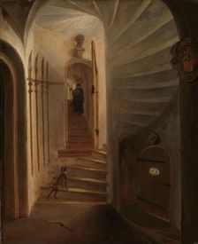 Portal of a stairway tower, with a man descending the stairs: presumably the moment..., 1640-1664. Creator: Egbert van der Poel
