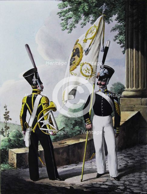 Porte-epee-Praporshchik and Hornist of the Guards Garrison Battalion, 1829. Artist: Belousov, Lev Alexandrovich (1806-1864)
