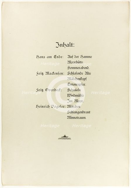 Portfolio, title page and colophon for Vom Weyerberg, 1895. Creators: Heinrich Vogeler, Fritz Mackensen.