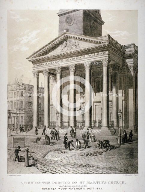 Portico of the Church of St Martin-in-the-Fields, Westminster, London, 1842. Artist: George Scharf