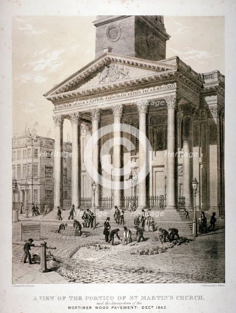Portico of the Church of St Martin-in-the-Fields, Westminster, London, 1842. Artist: George Scharf