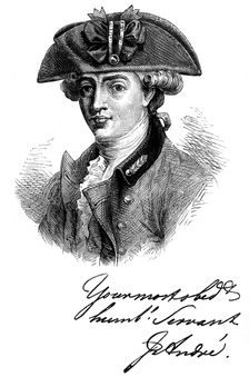 Portrait and autograph of Major John Andre, 18th century British soldier and spy, c1880