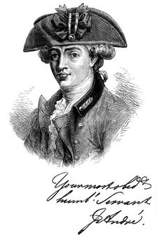 Portrait and autograph of Major John Andre, 18th century British soldier and spy, c1880