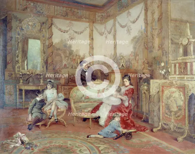 Portrait de Victorien Sardou (1831-1908), de sa femme et de ses enfants dans le grand..., c1885. Creator: Auguste de la Brely.