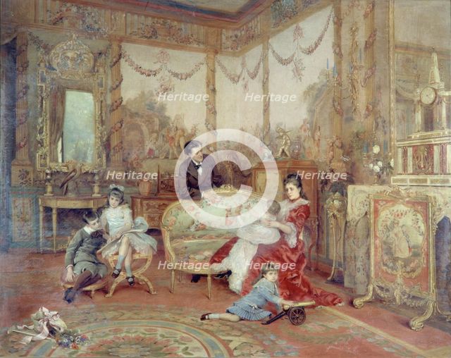 Portrait de Victorien Sardou (1831-1908), de sa femme et de ses enfants dans le grand..., c1885. Creator: Auguste de la Brely.