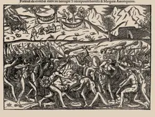 Portrait du combat entre les Sauvages Toüoupinambaoults et Margaias Amériquains. From "Histoire d'un Creator: Bry, Theodor de (1528-1598)
