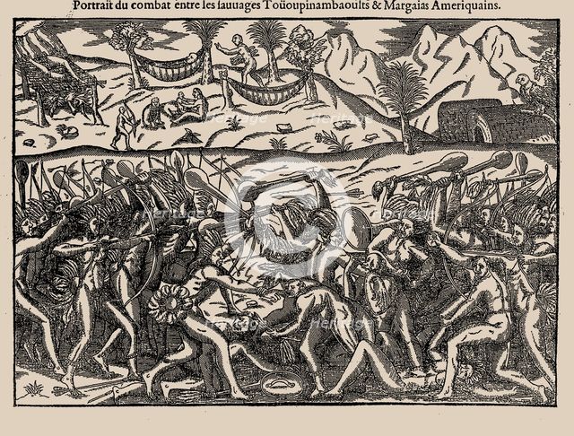 Portrait du combat entre les Sauvages Toüoupinambaoults et Margaias Amériquains. From "Histoire d'un Creator: Bry, Theodor de (1528-1598).