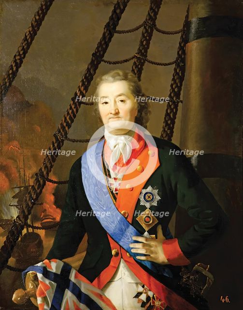 Portrait of Count Alexei Orlov Against a Background of the Chesme Battle, 19th century. Creator: Unknown.