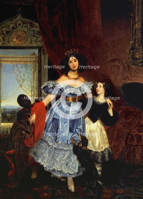 Portrait of Countess Julia Samoilova with her stepdaughter Amazillia Pacini and black boy, 1832-1834. Artist: Briullov, Karl Pavlovich (1799-1852)