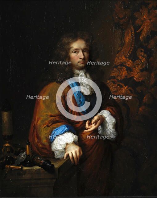 Portrait of Constantijn Huygens Junior (1628-1697), beside a group of microscopes. Creator: Netscher, Caspar (1639-1684).