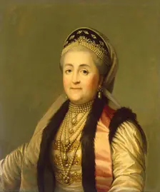 Portrait of Catherine II Wearing a Kokoshnik, (Woman's Headdress). Copy, 1835. Creator: Unknown