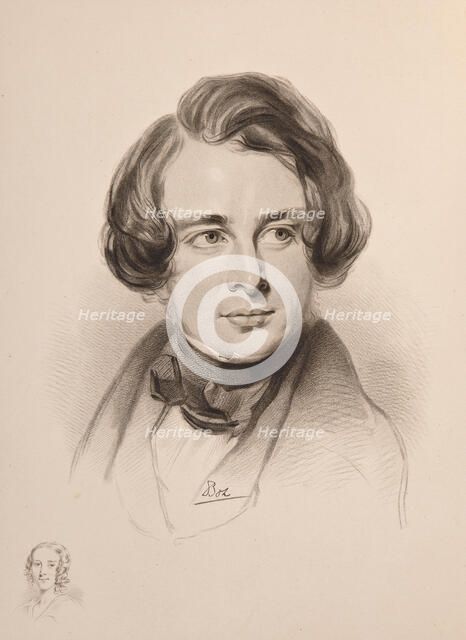 Portrait of Charles Dickens. Sketch of Dickens' sister Fanny, bottom left , 1842. Creator: Anonymous.