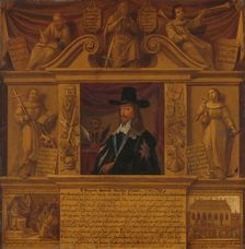 Portrait of Charles I, King of England, in a Frame with Allegorical Figures and Historical Represent Creator: Anon