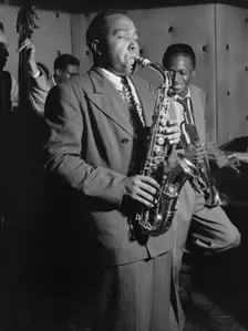 Portrait of Charlie Parker, Tommy Potter, Miles Davis, and Max Roach, Three Deuces, N.Y., 1947. Creator: William Paul Gottlieb
