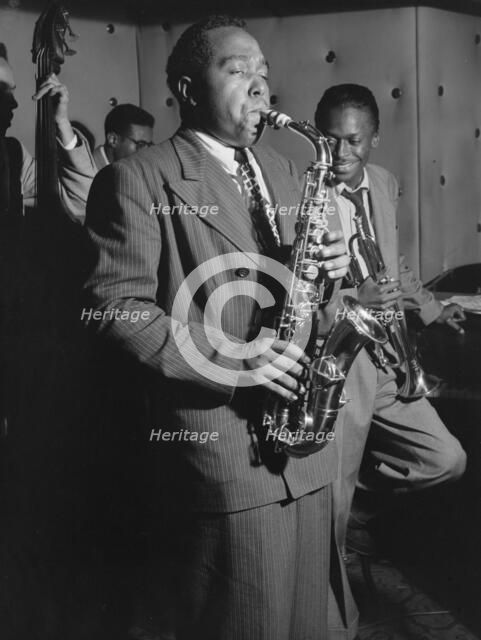 Portrait of Charlie Parker, Tommy Potter, Miles Davis, and Max Roach, Three Deuces, N.Y., 1947. Creator: William Paul Gottlieb.