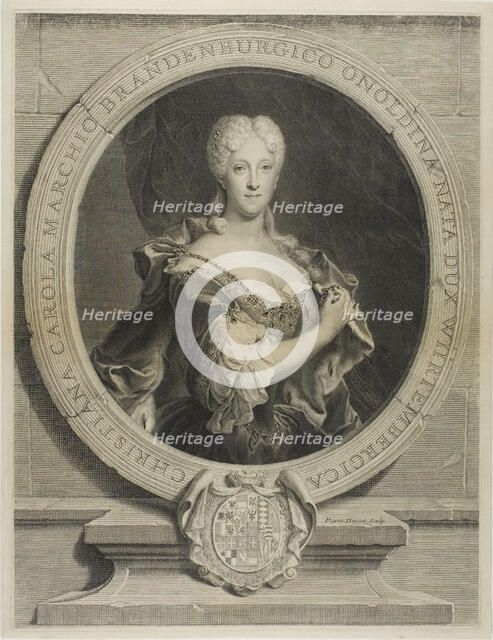 Portrait of Christine-Caroline, the Margrave of Brandenbourg-Onoltzbach, wife of Guilla..., c. 1723. Creators: Pierre Drevet, Pierre Imbert Drevet.