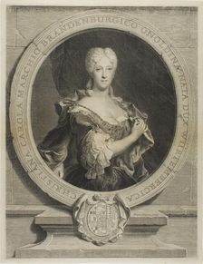 Portrait of Christine-Caroline, the Margrave of Brandenbourg-Onoltzbach, wife of Guilla..., c. 1723. Creators: Pierre Drevet, Pierre Imbert Drevet