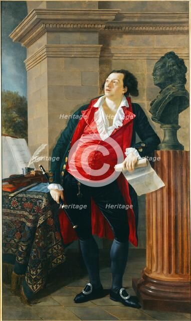 Portrait of Citizen Hesmart, cloth merchant and soldier, before a bust of Gluck, 1794. Creator: Unknown.