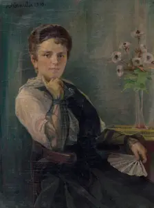 Portrait of a Woman with a Fan, 1916. Creator: Jozef Hanula