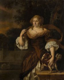Portrait of a Woman with Dog in a Park Landscape, 1677. Creator: Ary de Vois