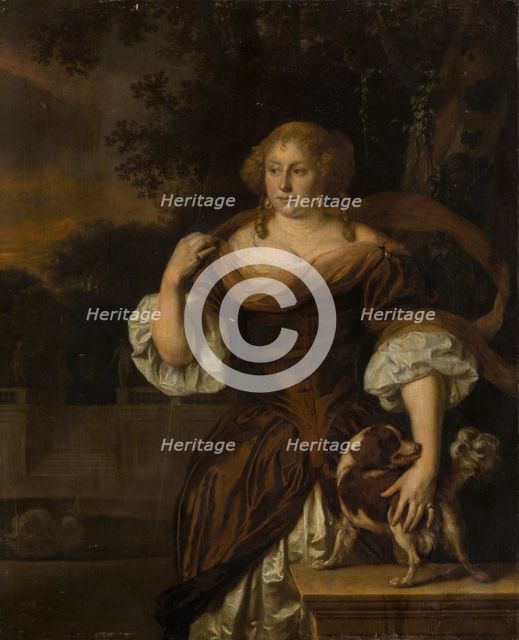 Portrait of a Woman with Dog in a Park Landscape, 1677. Creator: Ary de Vois.