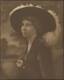 Portrait of a Woman Before Painted Scene, 1907-1924. Creator: Louis Fleckenstein