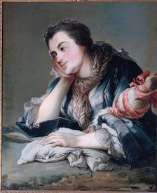 Portrait of a woman holding a distaff (around 1740), c1740. Creator: Unknown