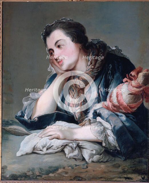 Portrait of a woman holding a distaff (around 1740), c1740. Creator: Unknown.