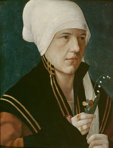 Portrait of a woman holding a Lily-of-the-Valley and a pansy, before 1520