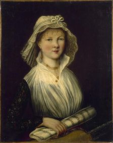 Portrait of a woman holding a roll of music, known as Mme Courcier, 1796. Creator: Unknown