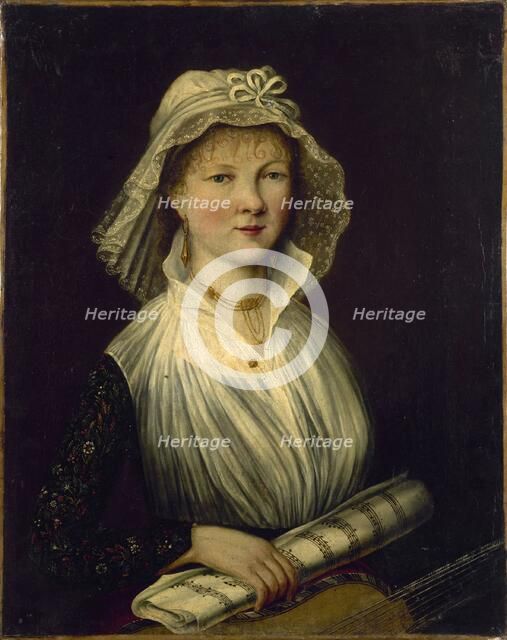 Portrait of a woman holding a roll of music, known as Mme Courcier, 1796. Creator: Unknown.