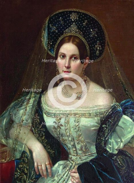 Portrait of a woman in the Russian court dress, ca 1835. Artist: Orlov, Pimen Nikitich (1812-1863)