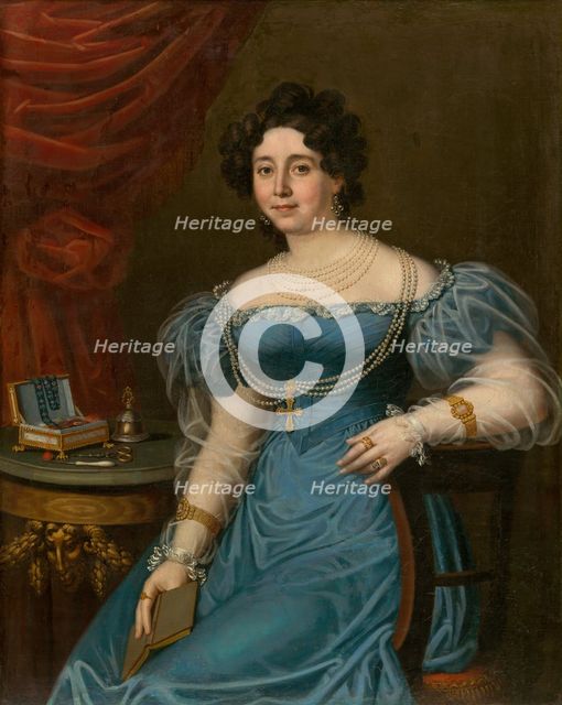 Portrait of a woman in a blue dress (Tereza Mattyásovszká, née Bydesházyová), 1827. Creator: János Rombauer.